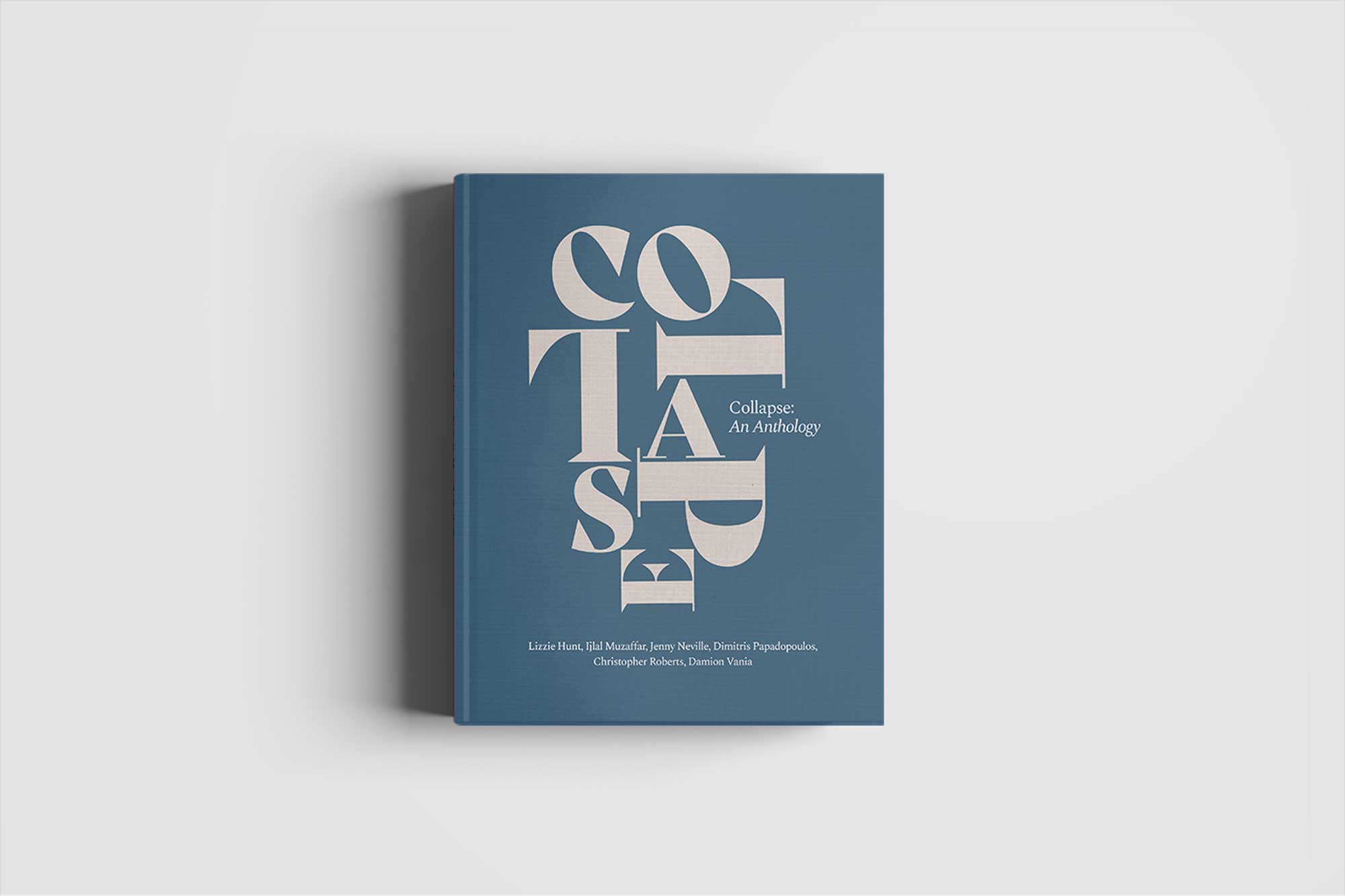 A closed blue book with off white text that reads "Collapse: An Anthology"